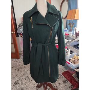 Dana Buchman Green Belted Pea Coat Wool Trench Quiet Luxury Classic Classy Gold